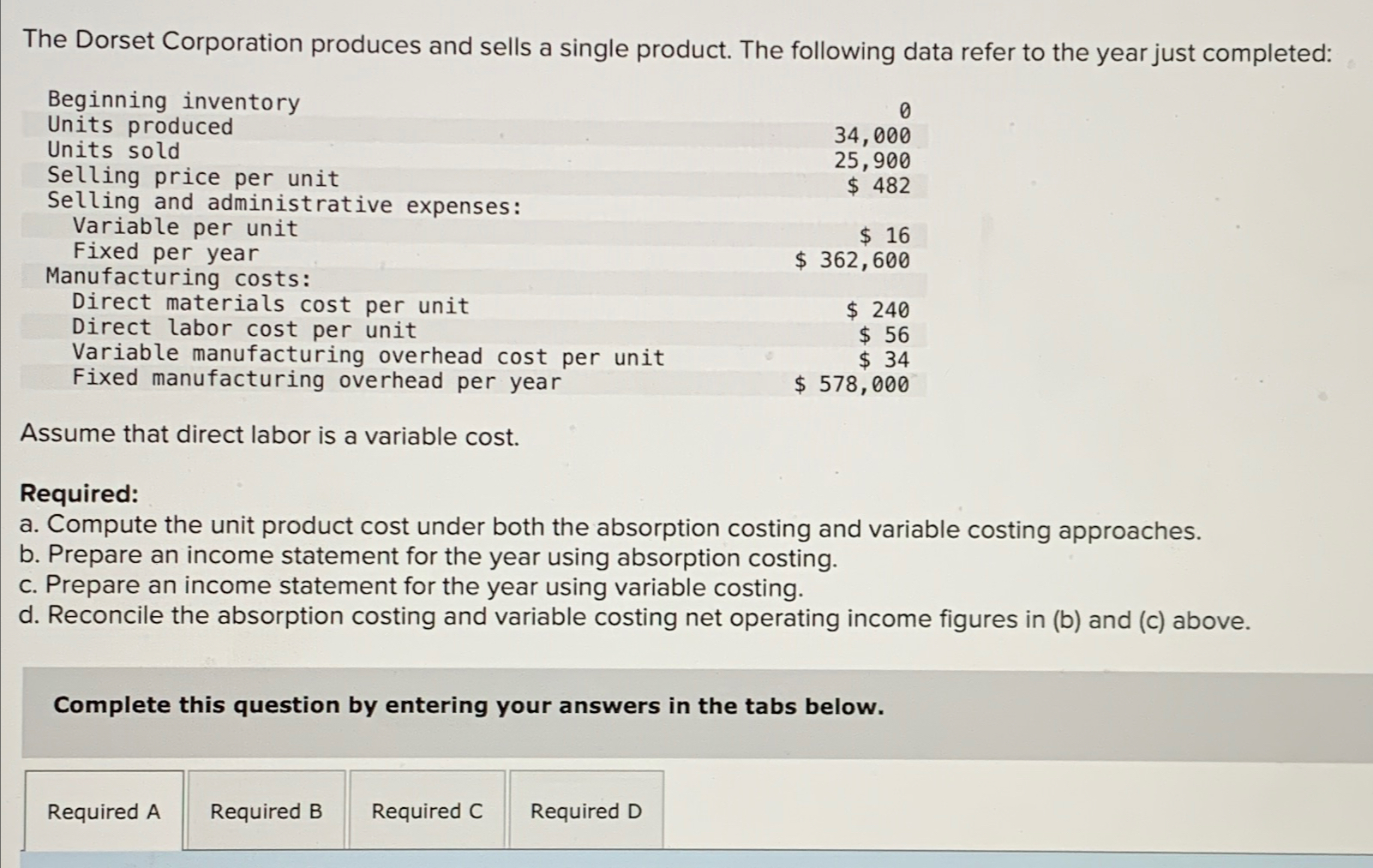 Solved The Dorset Corporation produces and sells a single