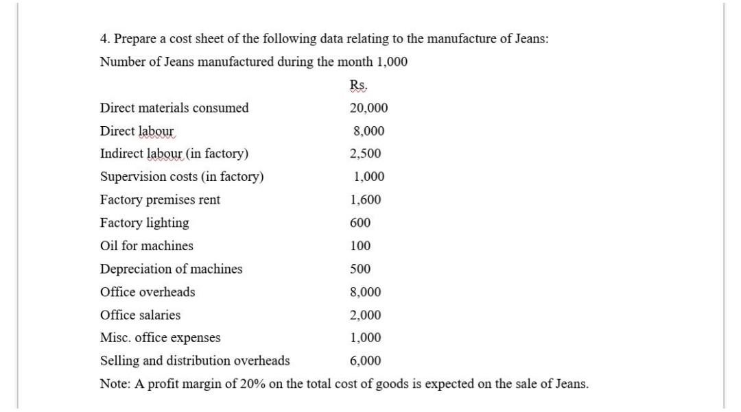 Solved 1,000 4. Prepare a cost sheet of the following data
