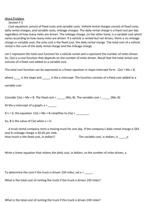 Solved Word Problem Section F.3 Cost equations consist of
