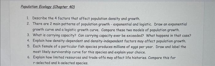 Solved Population Ecology (Chapter 40) 1. Describe the 4 | Chegg.com