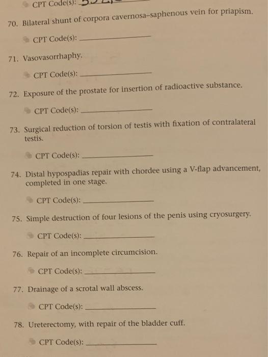 Solved CPT Code(s) 70. Bilateral shunt of corpora