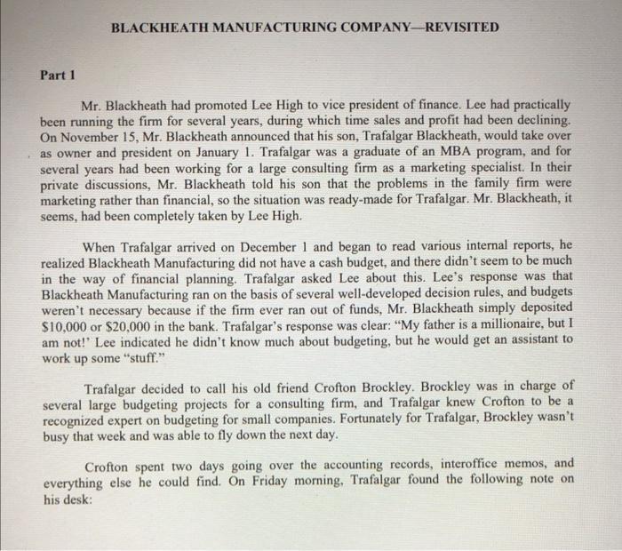 Solved BLACKHEATH MANUFACTURING COMPANYREVISITED Part 1 Mr.