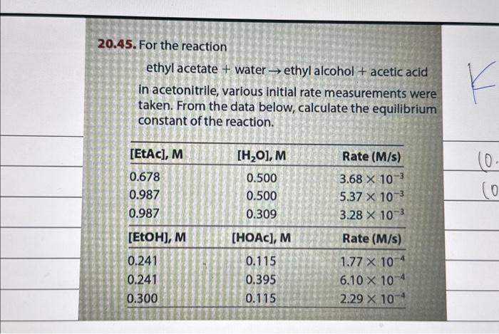 Solved 45. For the reaction ethyl acetate + water → ethyl | Chegg.com