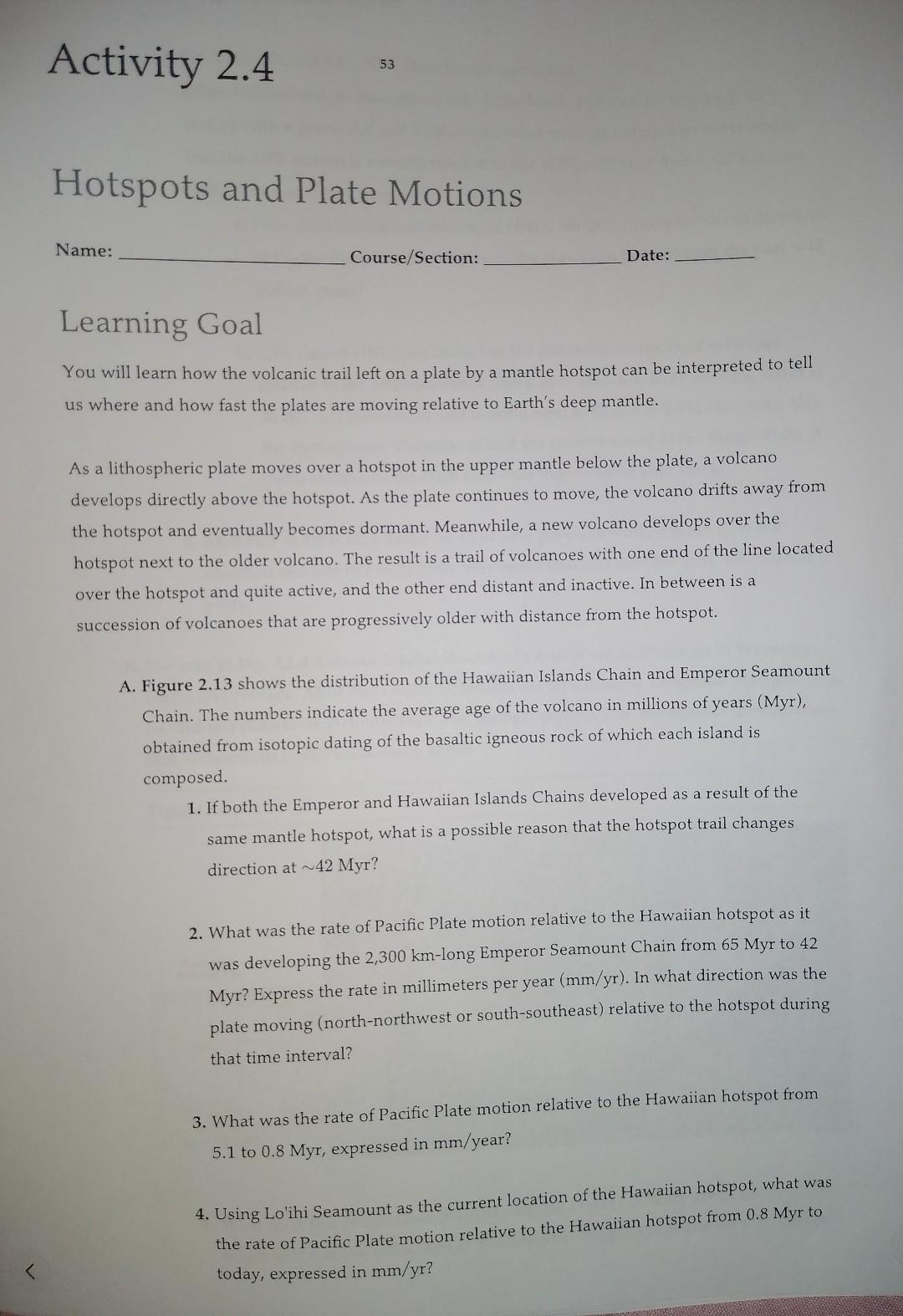 Solved Activity 2.4 Hotspots and Plate Motions Name