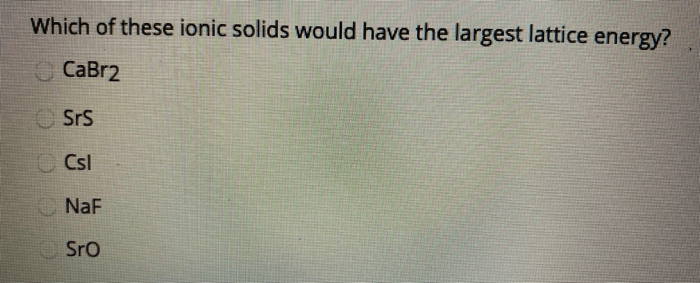 Solved Which Of These Ionic Solids Would Have The Largest | Chegg.com