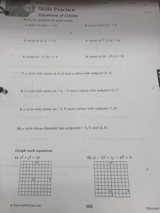 Solved 10-8 Skills Practice Equations of Circles Write an | Chegg.com