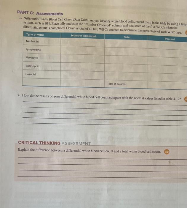 Solved PART C Assessments 1. Differential White Blood Cell