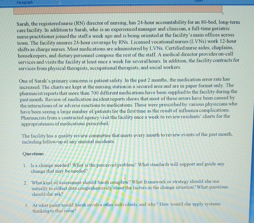 Solved Paragraph Sarah, the registered nurse (RN) director