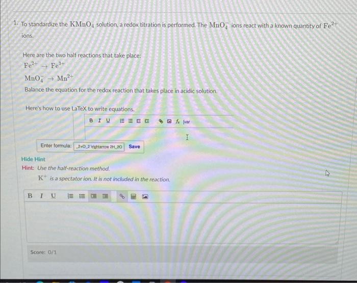 Solved To standardize the KMnO4 solution, a redox titration