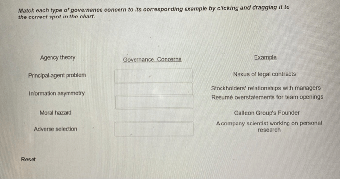 Match each type of governance concern to its corresponding example by