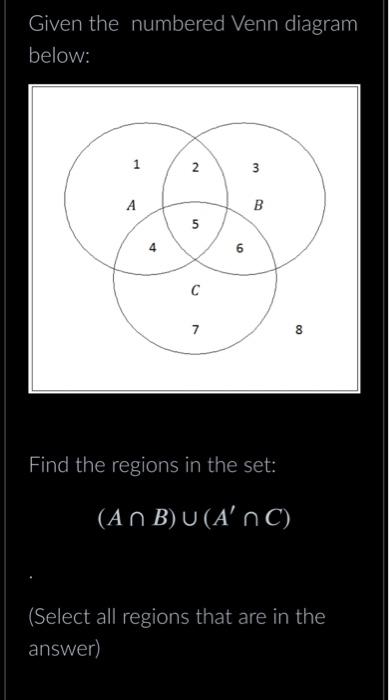 Solved Given the numbered Venn diagram below: Find the | Chegg.com