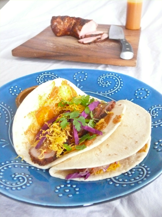 Pork Tacos with a Chipotle Aioli, Salsa Verde, and OrangeHabanero