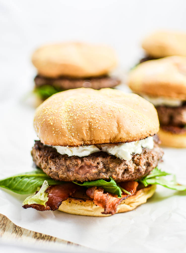 Bacon Goat Cheese Burgers with Honey and Arugula