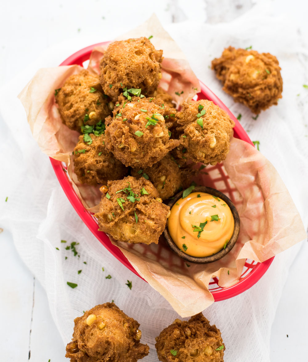 Fried Corn Fritters with Sriracha Mayo