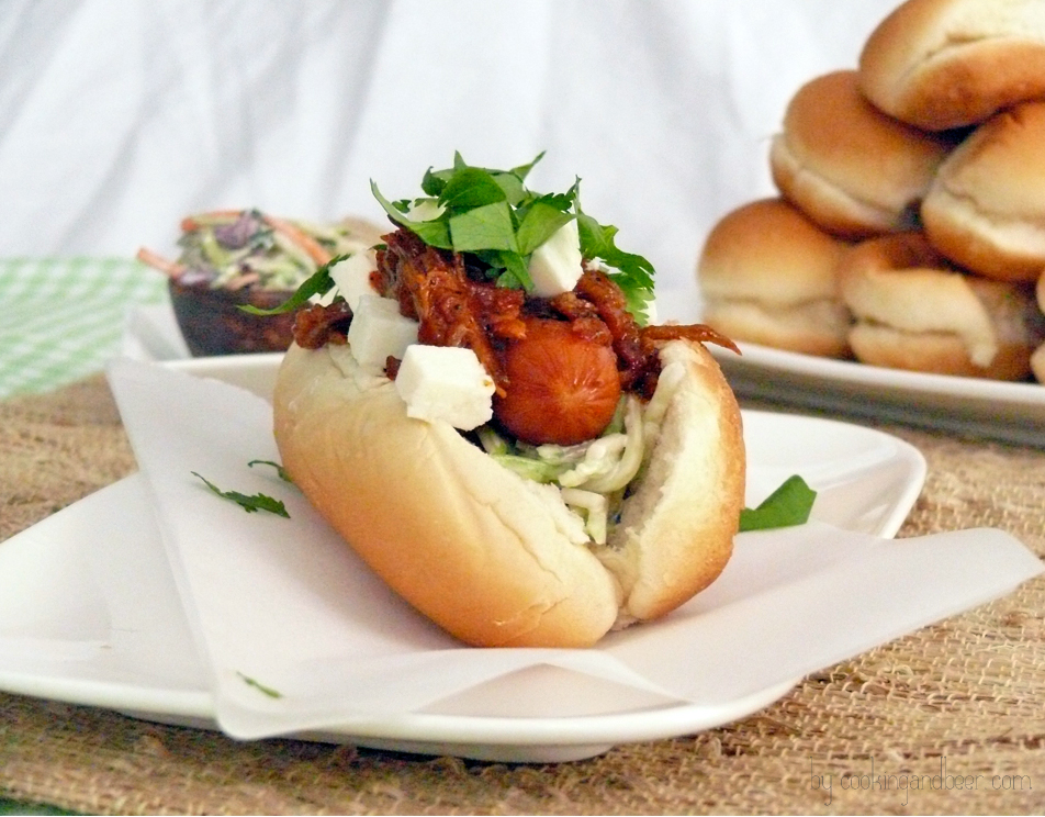 Pulled Pork Hot Dogs with Broccoli Slaw