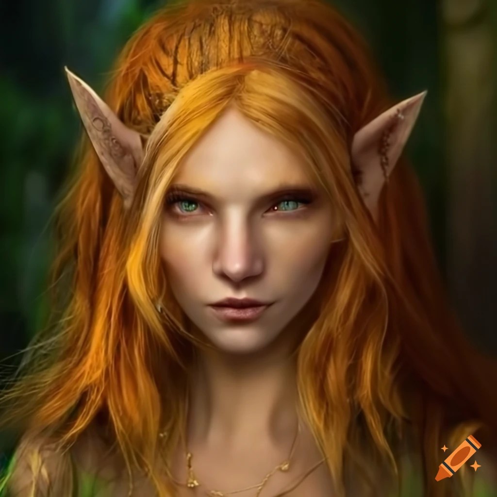 Portrait of a young female wood elf with honey colored hair and emerald