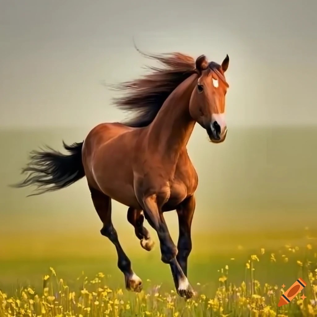 Majestic light brown horse galloping through a spring landscape on Craiyon