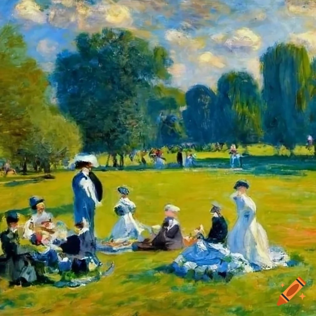 Claude painting of people on a picnic in a park on Craiyon