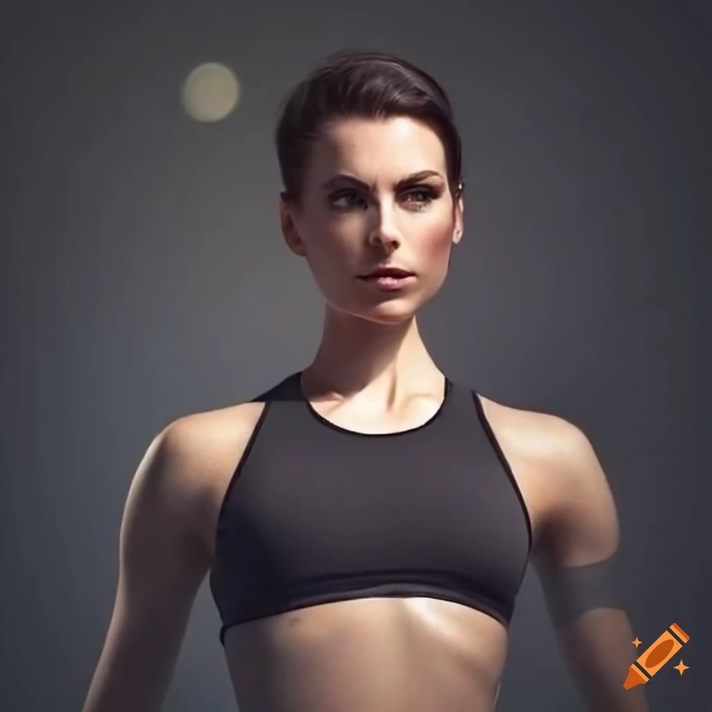 Fit woman with short cropped hair in gym clothes on Craiyon