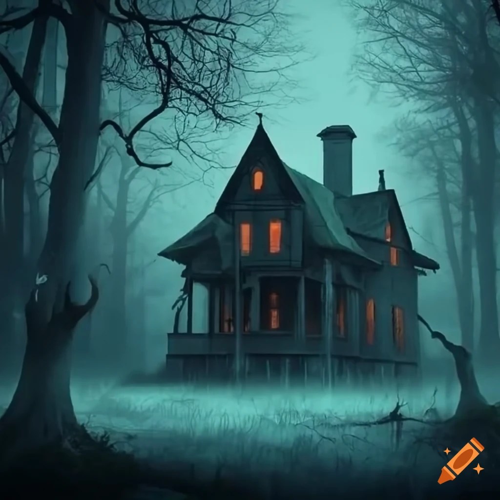 Creepy haunted house in the foggy woods at night