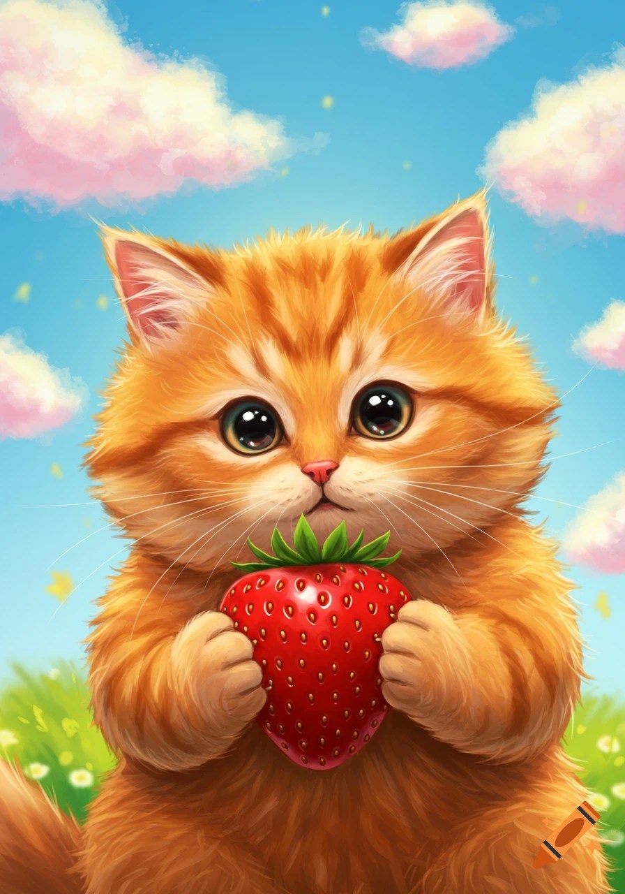 A cute orange tabby kitten playfully reaching for a bird in a vibrant