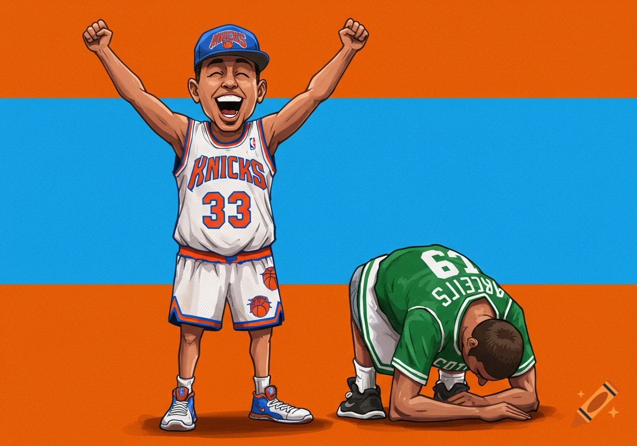 Cartoon Illustration Of A Cheering Knicks Player Standing Over A