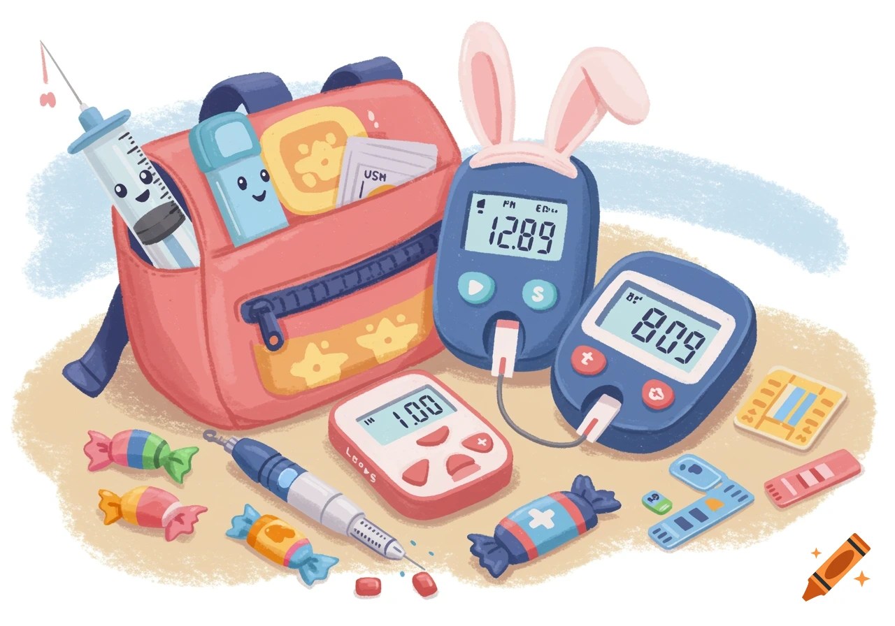 A Cute Cartoon Illustration Of Diabetic Tools For Kids Including A