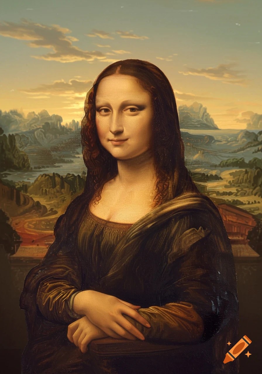 A painterly portrait of the Mona Lisa set against a vast landscape at