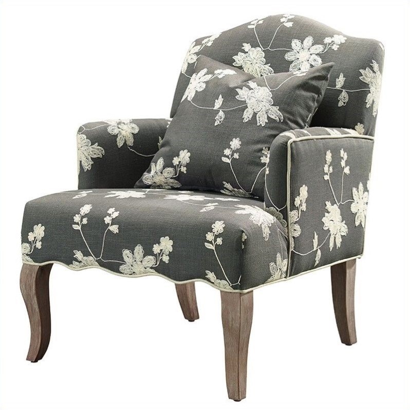 Linon Floral Embroidered Arm Chair in Gray 368312GRY01U