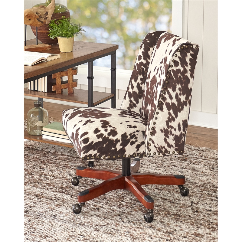 Linon Draper Wood Base Upholstered Rolling Office Chair in Brown Cow