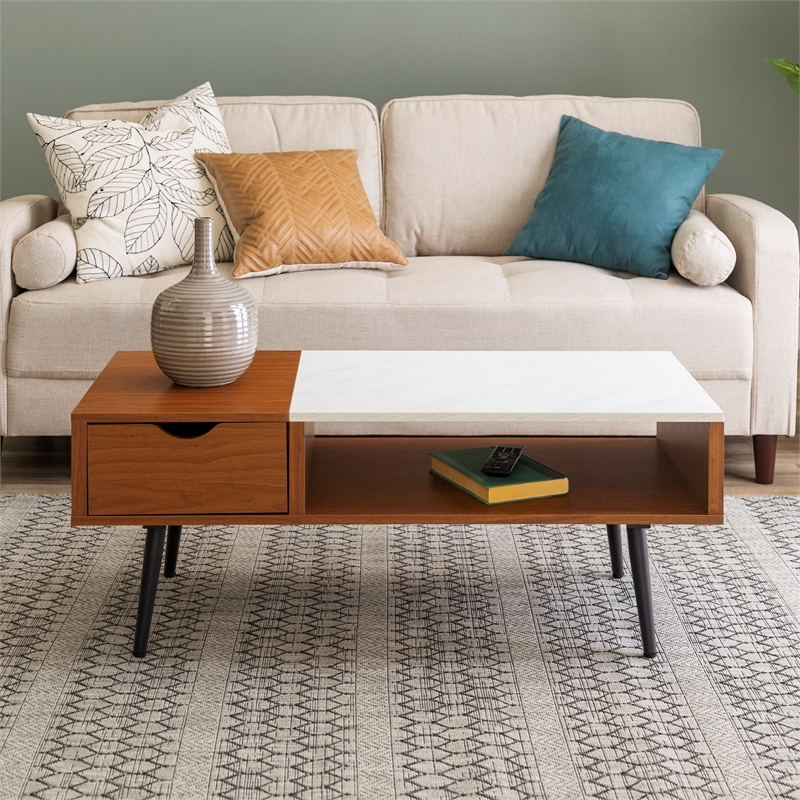Wood and White Faux Marble Coffee Table in Acorn AF42JMMBPC