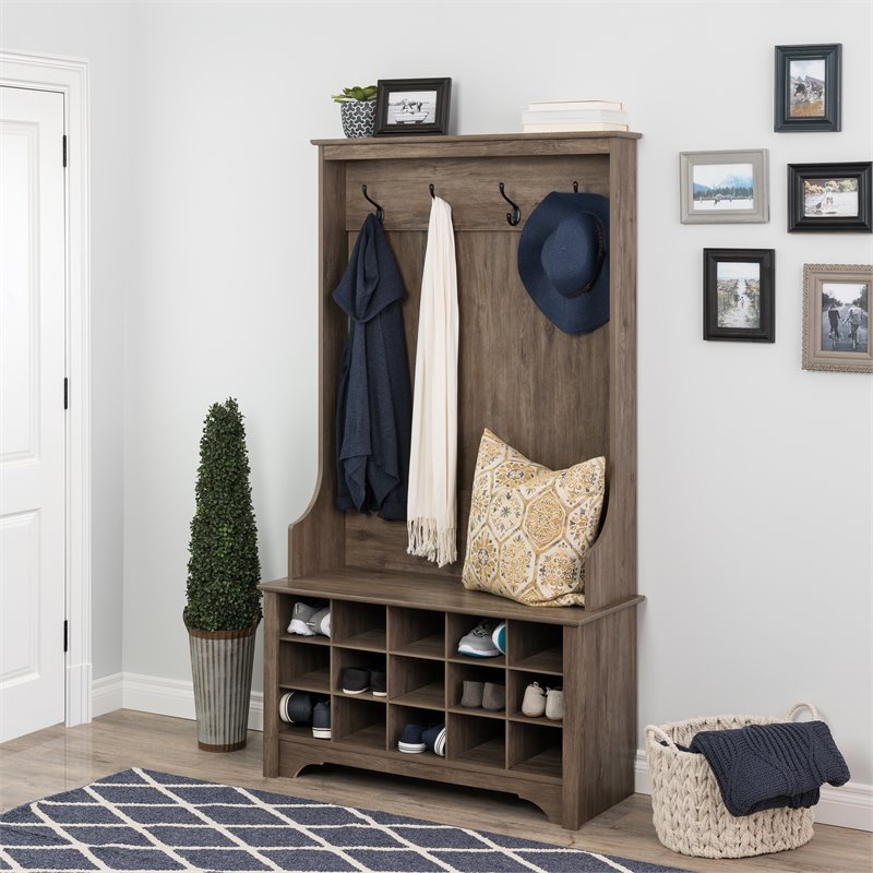 Prepac Wide Hall Tree with Shoe Storage in Drifted Gray