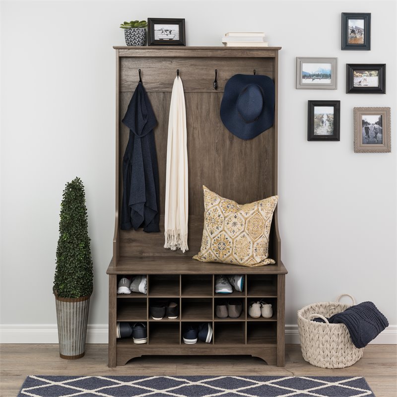Prepac Wide Hall Tree with Shoe Storage in Drifted Gray