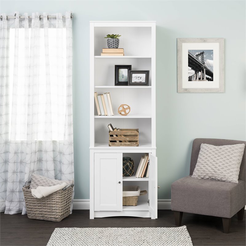 Prepac Tall 6 Shelf Bookcase with 2 Shaker Doors in White