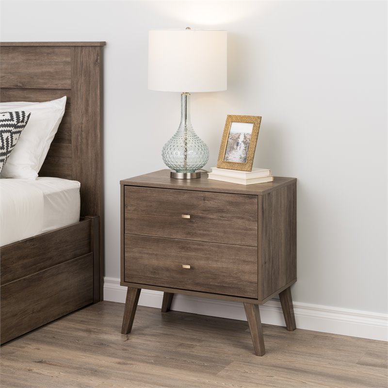 Prepac Milo Mid Century Modern 2 Drawer Nightstand in Drifted Gray