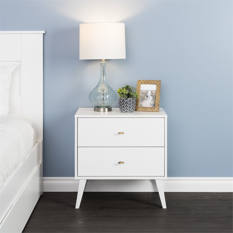 Prepac Milo Mid Century Modern 2 Drawer Nightstand in White Homesquare
