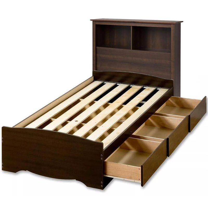 Prepac Manhattan Wooden Twin Bookcase Platform Storage Bed in Espresso