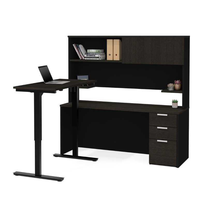 Bestar Pro Concept Plus Adjustable L Desk with Hutch in Deep Gray and