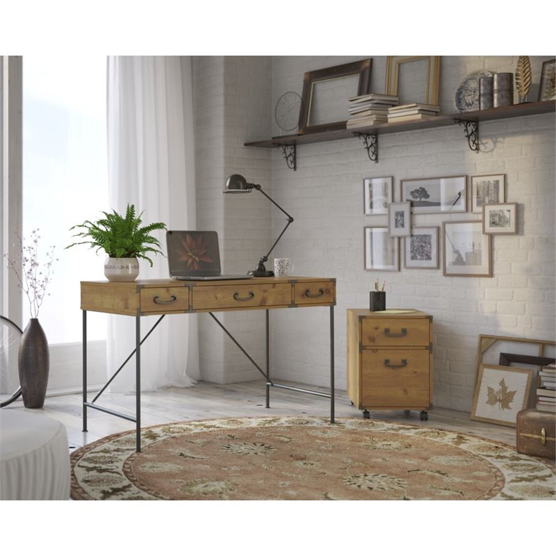 kathy ireland Office Ironworks 48W Writing Desk and Pedestal in Pine