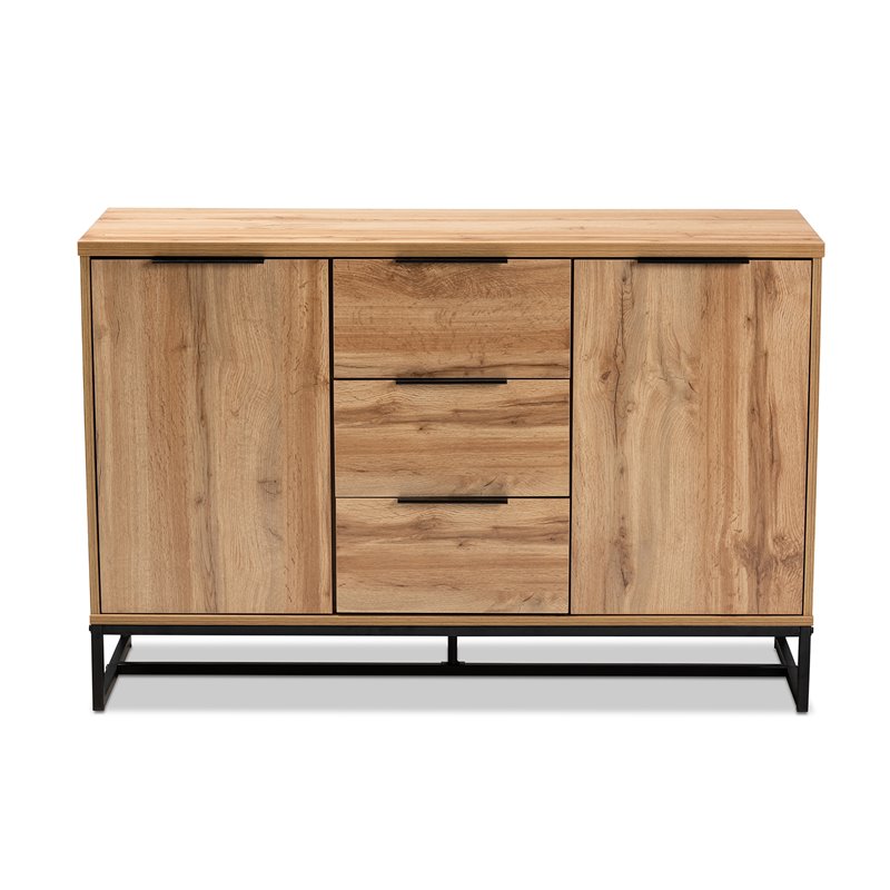 Baxton Studio Reid Oak Finished Wood Black Metal 3Drawer Sideboard