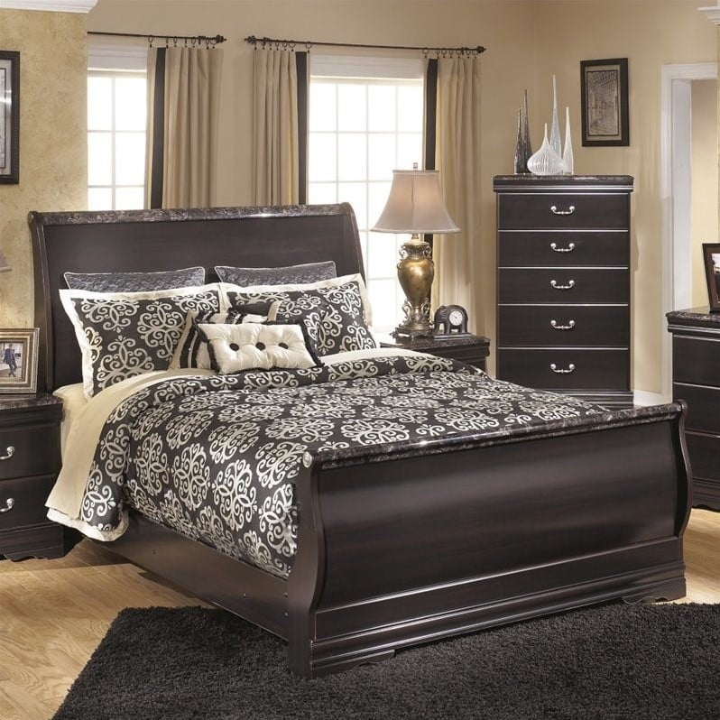 Ashley Esmarelda Wood Queen Sleigh Bed in Merlot B179747796KIT