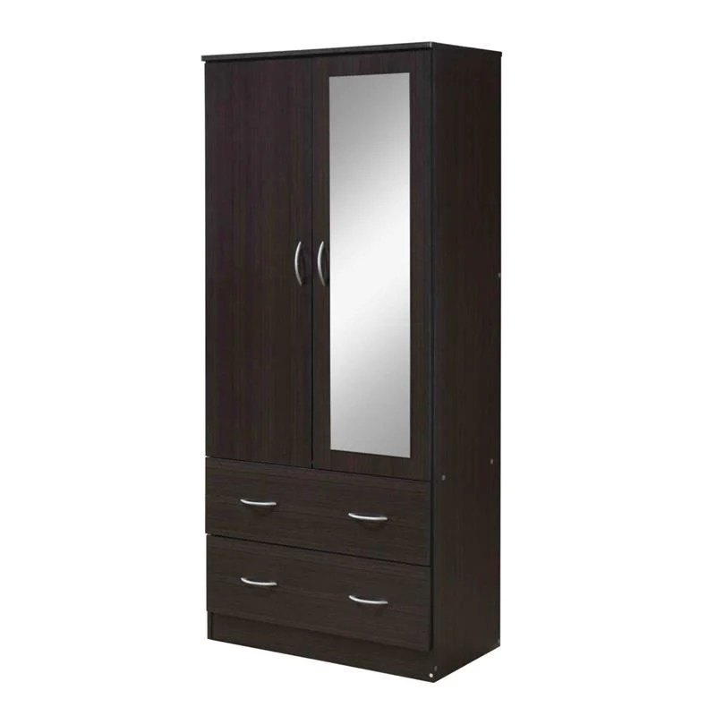 Hodedah 2 Door Armoire with 2 Drawers Clothing Rod and Mirror in Chocolate Wood Cymax Business