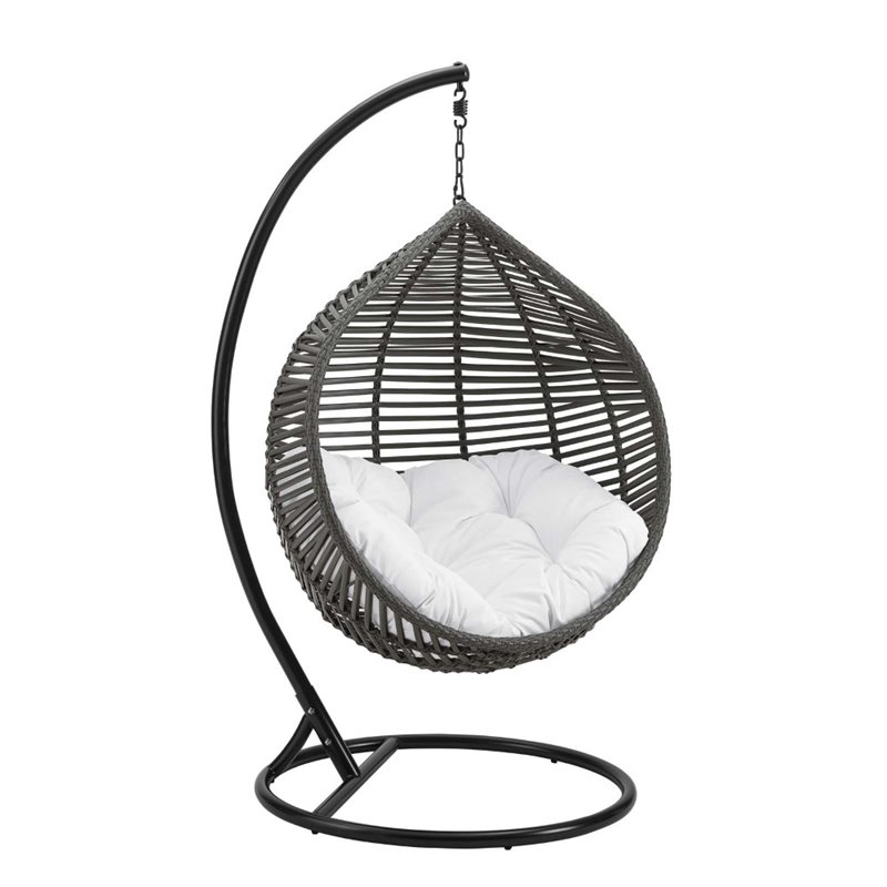 Modway Garner Teardrop Patio Swing Chair with Stand in Gray and White
