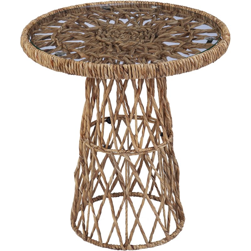 SEI Furniture Nyborn Round Glass Top Rattan Side Table in Natural