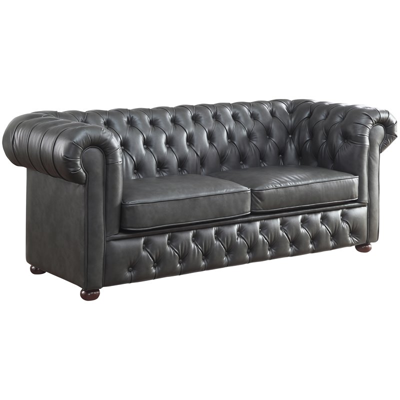Pemberly Row Faux Leather Tufted Chesterfield Sofa in Gray and Brown