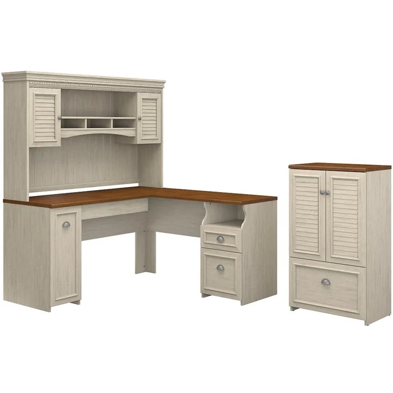 Bush Fairview Antique White Hutch For L Desk Bush Fairview L Shaped Desk with Hutch and in Antique White