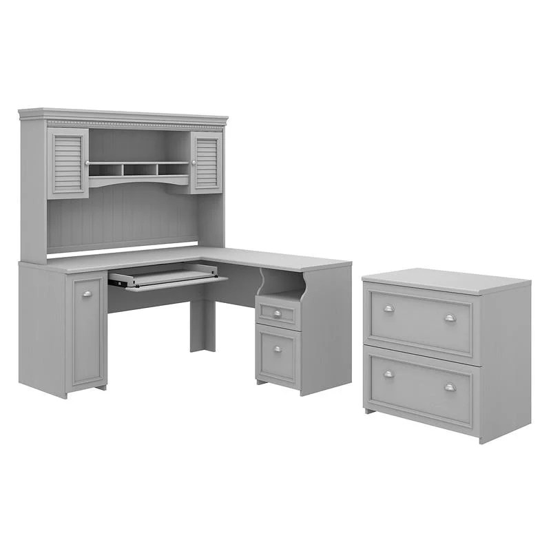 Fairview L Desk with Hutch and File in Cape Cod Gray