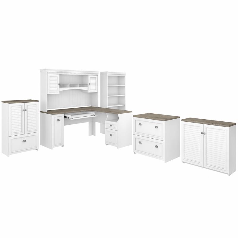 Fairview L Desk 6 Pc Office Set in Pure White and Gray Engineered
