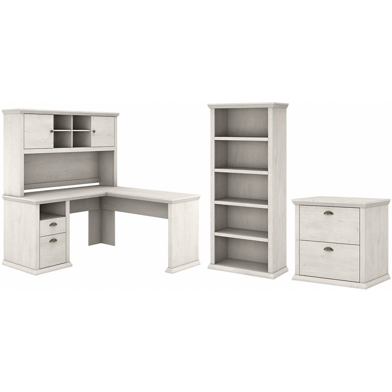 Yorktown L Shaped Desk with Hutch & Storage in Linen White Oak
