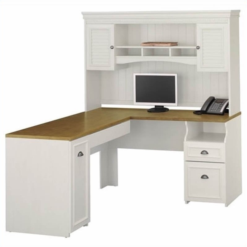 Bush Fairview 60" LShape Computer Desk with Hutch in Antique White